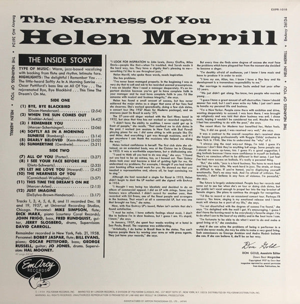 Helen Merrill : The Nearness Of You (LP, Album, Mono, RE)