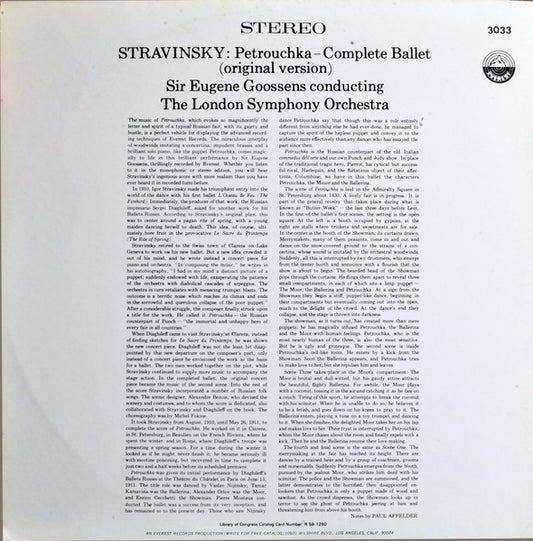 Igor Stravinsky - Sir Eugene Goossens, London Symphony Orchestra : Petrouchka (Original Version) (LP, RP, Ora)