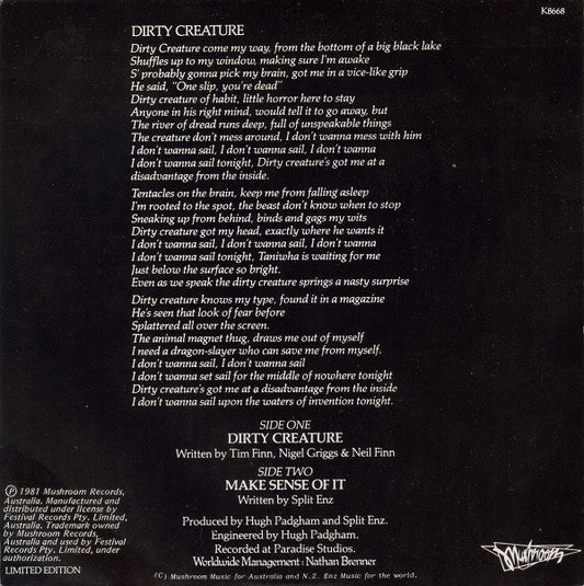 Split Enz : Dirty Creature (7", Single, Ltd)