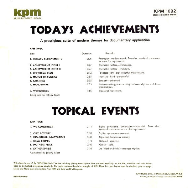 John Scott : Todays Achievements / Topical Events (LP)