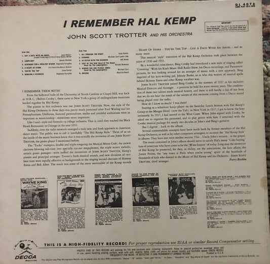 John Scott Trotter And His Orchestra : I Remember Hal Kemp (LP, Album, Mono)