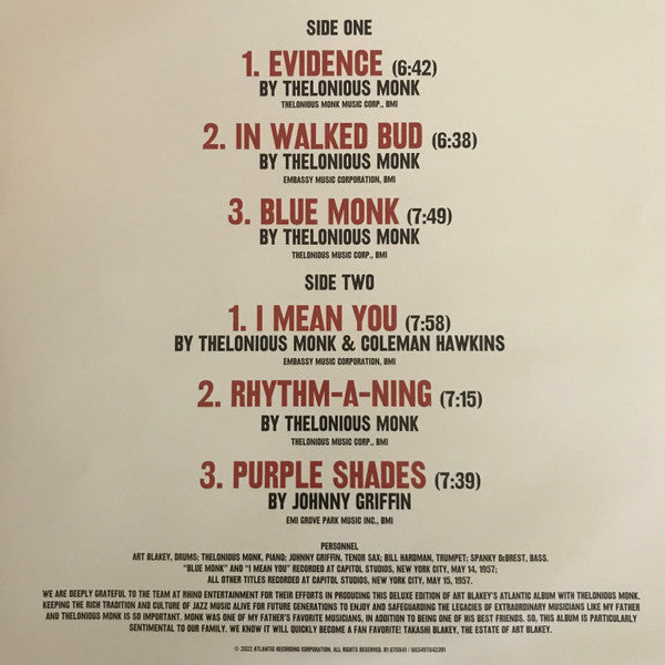 Art Blakey's Jazz Messengers* With Thelonious Monk : Art Blakey's Jazz Messengers With Thelonious Monk (2xLP, Album, Mono, Dlx, RM, 180)