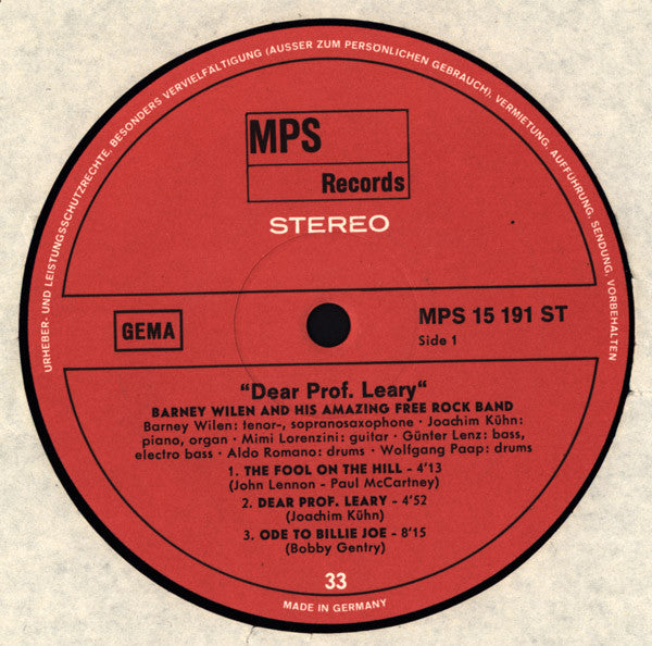 Barney Wilen And His Amazing Free Rock Band : Dear Prof. Leary (LP, Album)