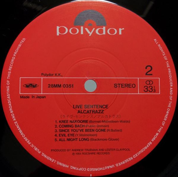 Alcatrazz : Live Sentence (No Parole From Rock 'n' Roll) (LP, Album, 1st)