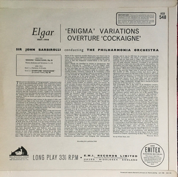 Sir Edward Elgar, Sir John Barbirolli · Philharmonia Orchestra : Enigma Variations / Cockaigne Overture (LP, Gol)