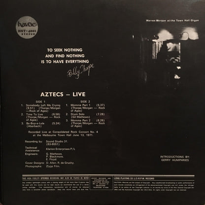 Billy Thorpe And The Aztecs : Live (LP)
