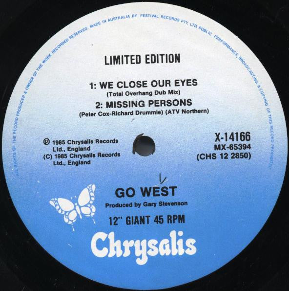 Go West : We Close Our Eyes (Total Overhang Mix) (12", Single, Ltd)