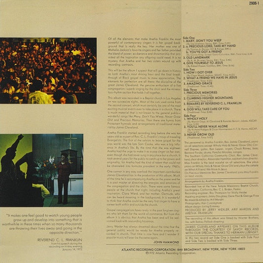 Aretha Franklin With Rev. James Cleveland & The Southern California Community Choir : Amazing Grace (2xLP, Album, RE)