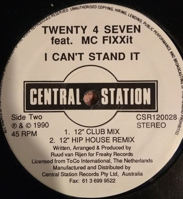 Twenty 4 Seven Featuring MC Fixx It : I Can't Stand It (12", Maxi)