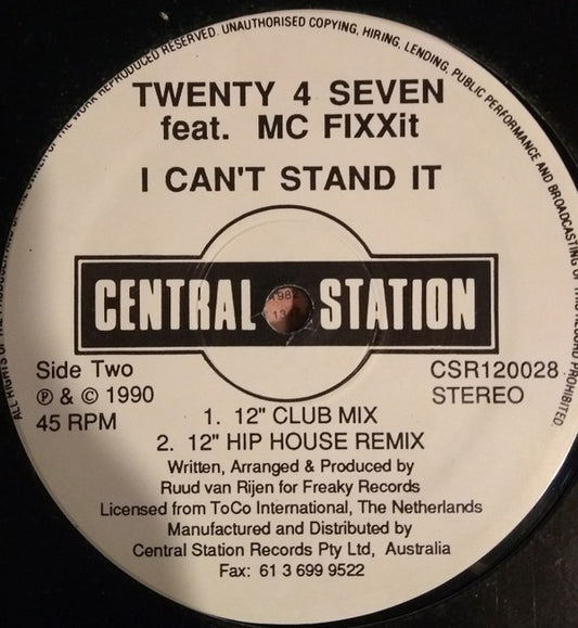 Twenty 4 Seven Featuring MC Fixx It : I Can't Stand It (12", Maxi)