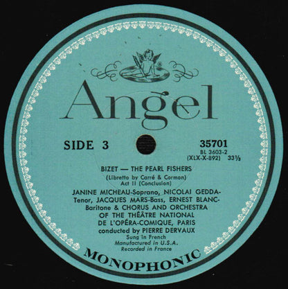 Georges Bizet - Janine Micheau, Nicolai Gedda, Ernest Blanc, Pierre Dervaux (2), Jacques Mars, Chœurs Du Théâtre National De L'Opéra Comique And Orchestre Du Théâtre National De L'Opéra-Comique : The Pearl Fishers (2xLP, Album, Mono, RP, Scr + Box)