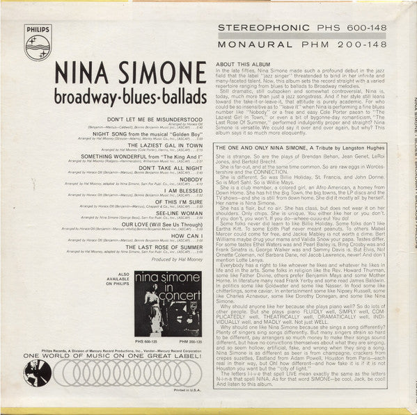 Nina Simone : Broadway - Blues - Ballads (LP, Album, Mono)