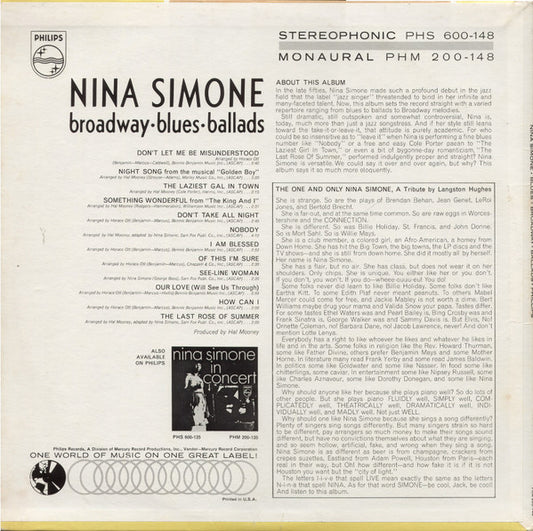 Nina Simone : Broadway - Blues - Ballads (LP, Album, Mono)