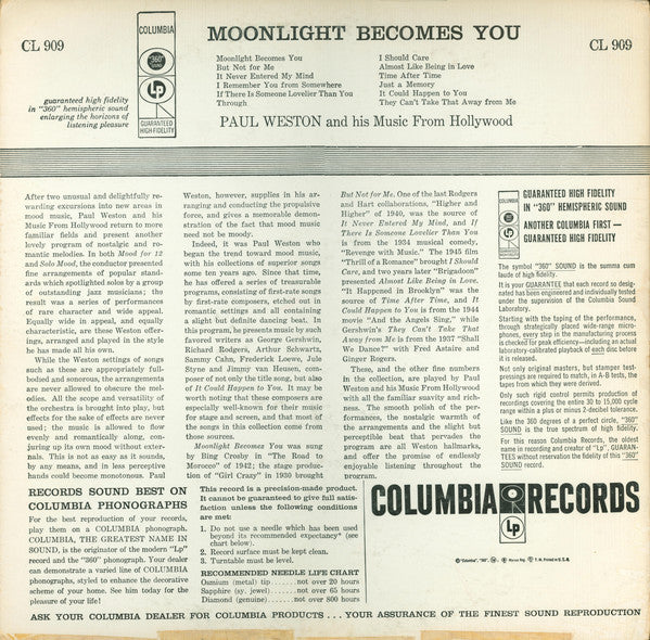 Paul Weston And His Music From Hollywood : Moonlight Becomes You (LP, Album, No )
