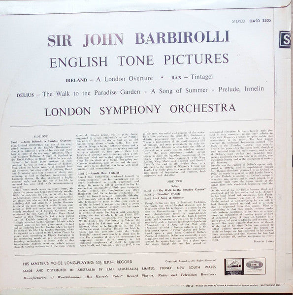 Sir John Barbirolli • John Ireland / Arnold Bax / Frederick Delius • London Symphony Orchestra : English Tone Pictures (LP)
