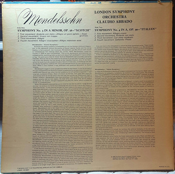 Mendelssohn*, London Symphony*, Abbado* : Scotch Symphony / Italian Symphony (LP)