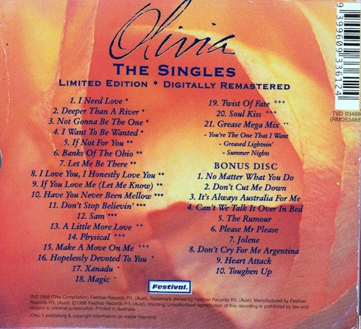 Olivia Newton-John : Olivia - The Singles - Australasian Tour Souvenir (2xCD, Comp, Ltd, RM)