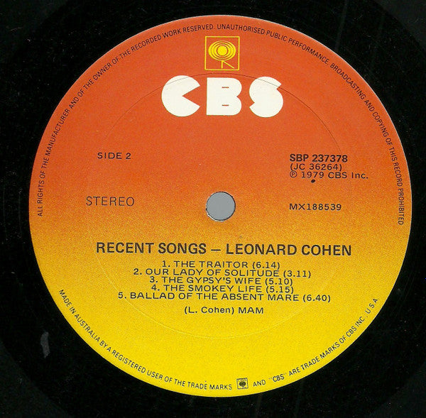 Leonard Cohen : Recent Songs (LP, Album)