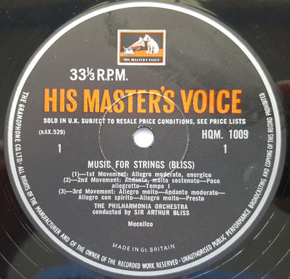 Arthur Bliss / Philharmonia Orchestra : Music For Strings / Miracle In The Gorbals (LP, Album, Mono, RE)