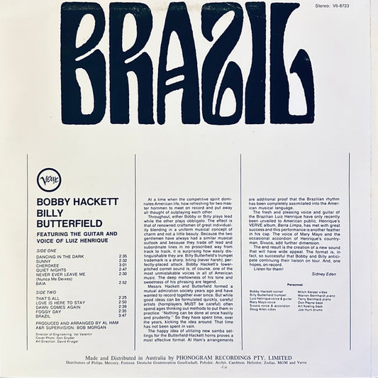 Bobby Hackett / Billy Butterfield Featuring The Guitar And Voice Of Luiz Henrique : Bobby / Billy / Brasil (LP, Album, RE)