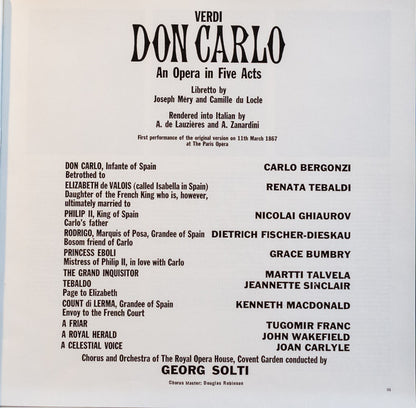 Giuseppe Verdi, Nicolai Ghiaurov · Carlo Bergonzi · Grace Bumbry · Renata Tebaldi · Dietrich Fischer-Dieskau, Chorus Of The Royal Opera House, Covent Garden & Orchestra Of The Royal Opera House, Covent Garden, Georg Solti : Don Carlo (4xLP, Album, RE + Box)