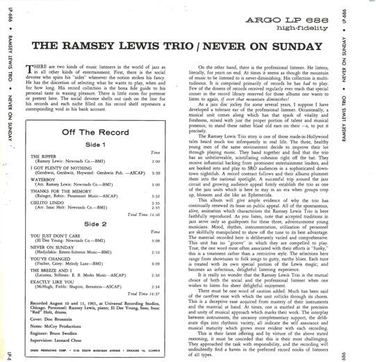 The Ramsey Lewis Trio : Never On Sunday (LP, Album, RE)