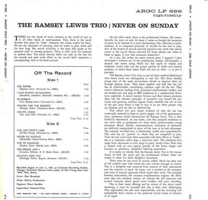The Ramsey Lewis Trio : Never On Sunday (LP, Album, RE)