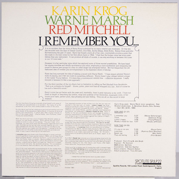Karin Krog, Warne Marsh, Red Mitchell : I Remember You... (LP, Album)