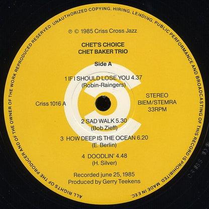 Chet Baker Trio Featuring Philip Catherine : Chet's Choice (LP, Album)