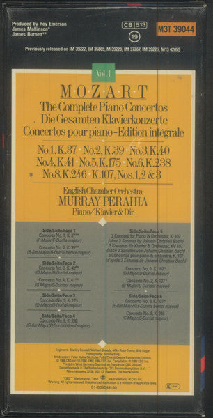Mozart*, Murray Perahia, English Chamber Orchestra : Vol. 1 The Complete Piano Concertos No. 1, K.37 • No. 2, K.39 • No. 3, K.40 • No. 4, K.41 • No. 5, K.175 • No. 6, K.238 • No. 8, K.246 • K.107, Nos. 1,2 & 3 (3xCass, Dol + Box, Comp)