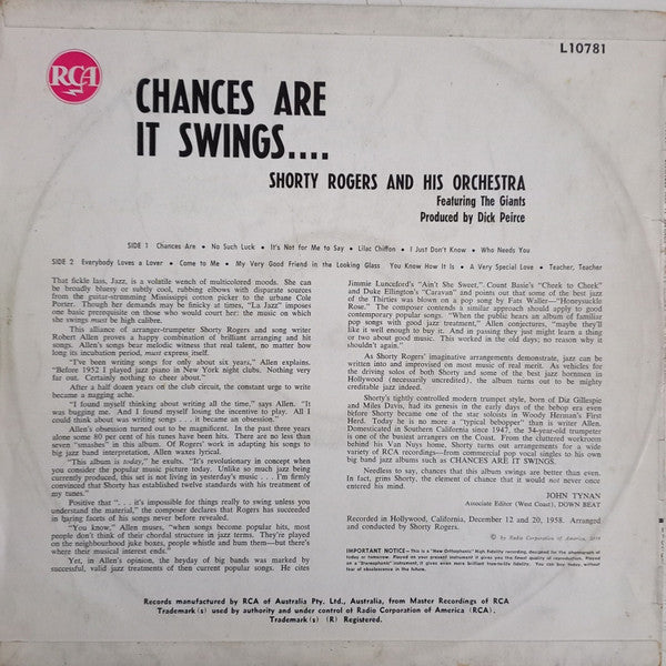Shorty Rogers And His Orchestra : Chances Are It Swings (LP, Album, Mono)