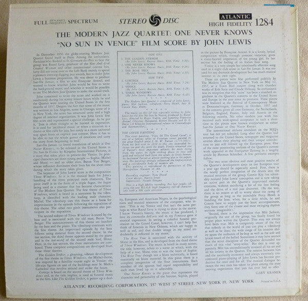 The Modern Jazz Quartet : The Modern Jazz Quartet Plays One Never Knows - Original Film Score For “No Sun In Venice” (LP, Album)