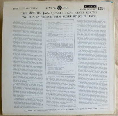 The Modern Jazz Quartet : The Modern Jazz Quartet Plays One Never Knows - Original Film Score For “No Sun In Venice” (LP, Album)