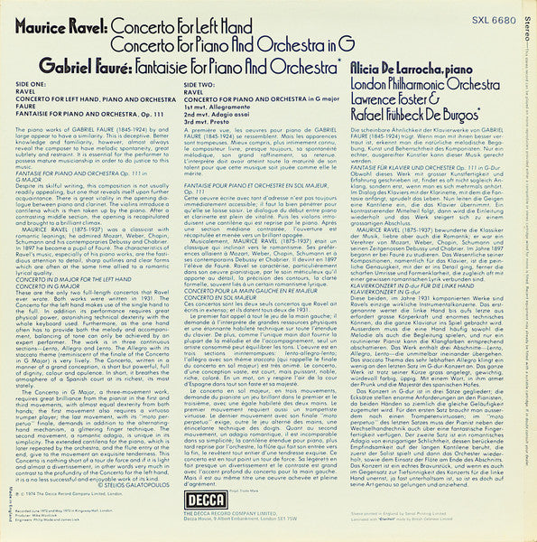 Maurice Ravel, Gabriel Fauré, Alicia De Larrocha, London Philharmonic Orchestra, Lawrence Foster, Rafael Frühbeck De Burgos : Concerto For The Left Hand / Concerto For Piano And Orchestra / Fantaisie For Piano And Orchestra (LP, RP)