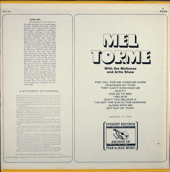 Mel Torme* With The Meltones* And Artie Shaw : Mel Torme With The Meltones And Artie Shaw (LP, Comp)