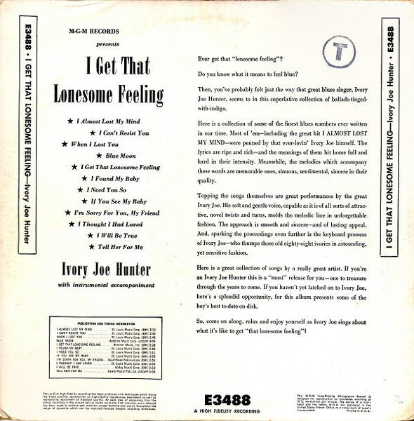 Ivory Joe Hunter : I Get That Lonesome Feeling (LP, Album, Mono)