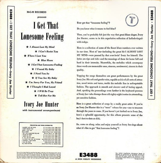 Ivory Joe Hunter : I Get That Lonesome Feeling (LP, Album, Mono)