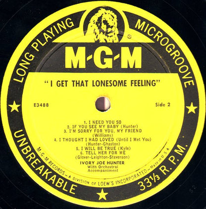 Ivory Joe Hunter : I Get That Lonesome Feeling (LP, Album, Mono)