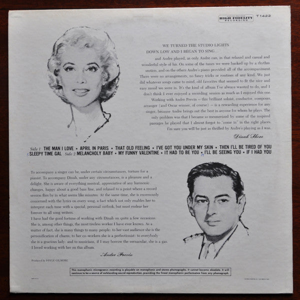 Dinah Shore &  The André Previn Trio : Dinah Sings, Previn Plays (LP, Mono)