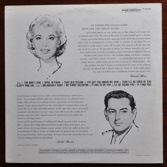 Dinah Shore &  The André Previn Trio : Dinah Sings, Previn Plays (LP, Mono)