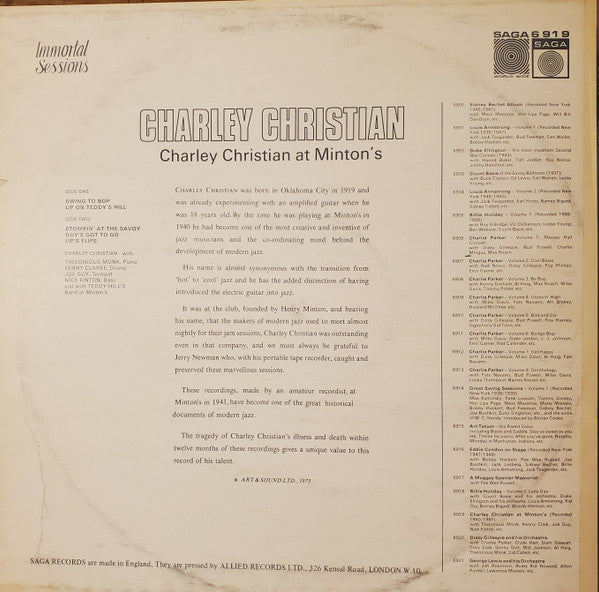 Charlie Christian : Charley Christian At Minton's (LP, Album, RE)