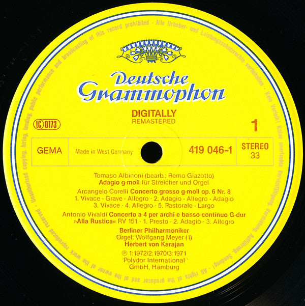 Tomaso Albinoni, Arcangelo Corelli, Antonio Vivaldi, Johann Pachelbel, Francesco Manfredini / Herbert Von Karajan & Berliner Philharmoniker : Adagio / Kanon & Gigue / Concerti Grossi / Concerti "Alla Rustica" & "L'Amoroso" (LP, Comp, RM)