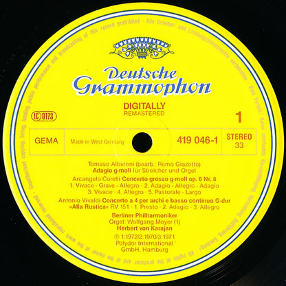 Tomaso Albinoni, Arcangelo Corelli, Antonio Vivaldi, Johann Pachelbel, Francesco Manfredini / Herbert Von Karajan & Berliner Philharmoniker : Adagio / Kanon & Gigue / Concerti Grossi / Concerti "Alla Rustica" & "L'Amoroso" (LP, Comp, RM)