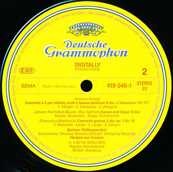 Tomaso Albinoni, Arcangelo Corelli, Antonio Vivaldi, Johann Pachelbel, Francesco Manfredini / Herbert Von Karajan & Berliner Philharmoniker : Adagio / Kanon & Gigue / Concerti Grossi / Concerti "Alla Rustica" & "L'Amoroso" (LP, Comp, RM)