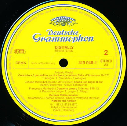 Tomaso Albinoni, Arcangelo Corelli, Antonio Vivaldi, Johann Pachelbel, Francesco Manfredini / Herbert Von Karajan & Berliner Philharmoniker : Adagio / Kanon & Gigue / Concerti Grossi / Concerti "Alla Rustica" & "L'Amoroso" (LP, Comp, RM)
