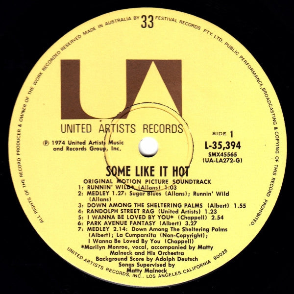 Various : Some Like It Hot (Original Music From The Motion Picture Sound Track) (LP, Album)