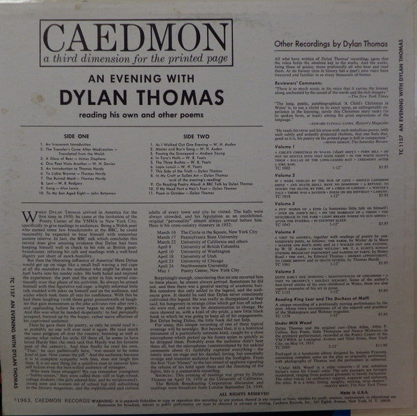 Dylan Thomas : An Evening With Dylan Thomas Reading His Own And Other Poems (LP)