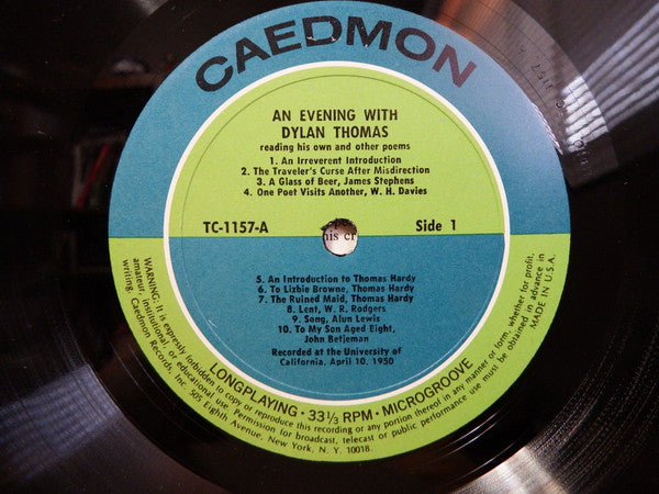 Dylan Thomas : An Evening With Dylan Thomas Reading His Own And Other Poems (LP)