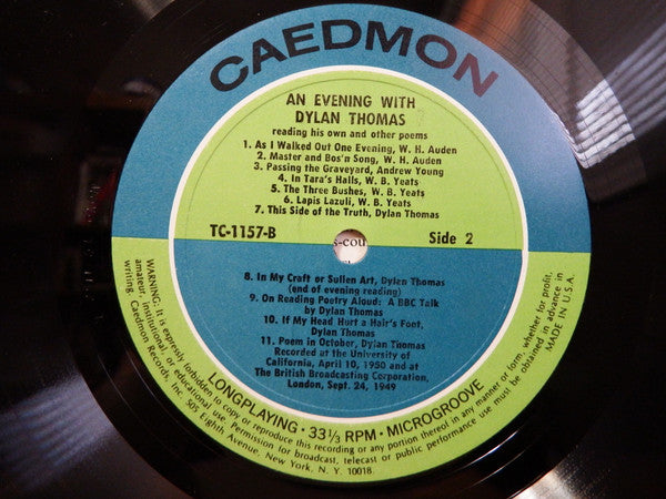 Dylan Thomas : An Evening With Dylan Thomas Reading His Own And Other Poems (LP)