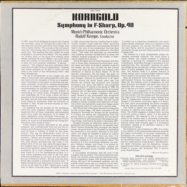 Erich Wolfgang Korngold - Munich Philharmonic Orchestra*, Rudolf Kempe : Symphony In F-Sharp, Op. 40 (LP, Dyn)